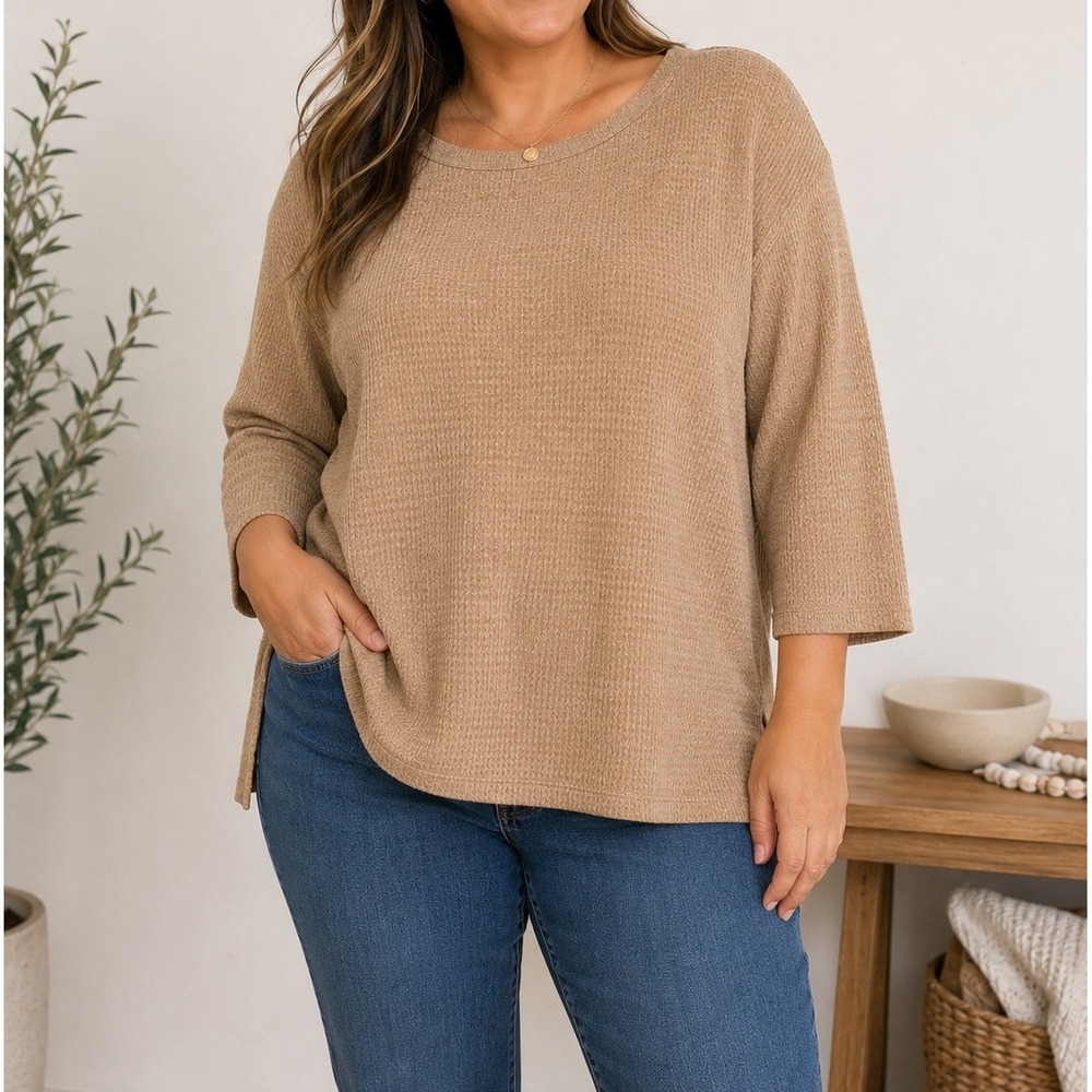 J Jill Wearever Tunic Top Womens 2X Camel Knit 3/4 Sleeve Plus Size NWT
